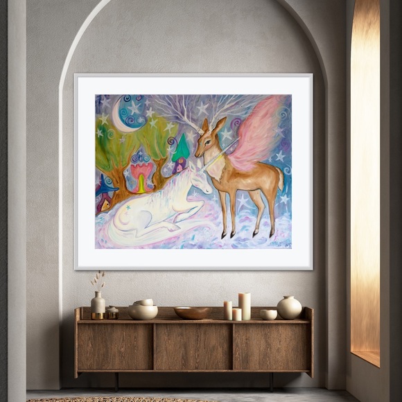 Land Whimsy Art Print unicorn fantasy fairytale castle enchanted trees moon star - Picture 2 of 7